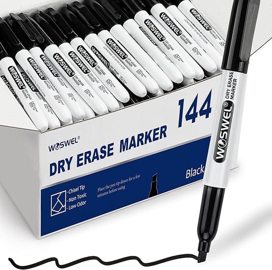 WOSWEL Dry Erase Markers Bulk, 144 Pack Black Chisel Tip Whiteboard Markers, Low Odor Dry Erase Markers for School Office Home