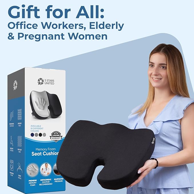 Seat Cushion for Office Chairs - Tailbone, Coccyx Pain Relief - Butt, Pressure & Sciatica Relief - Gaming, Wheelchair, Car & Desk Pillow, Black