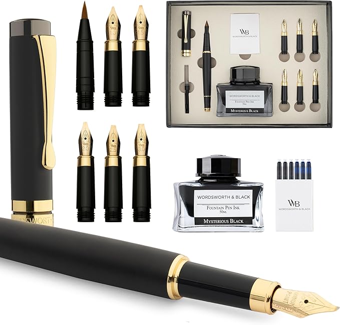 Wordsworth & Black Calligraphy Pen Gift Set, Includes Ink Bottle, 6 Ink Cartridges, Ink Refill Converter, 6 Replacement Nibs, Luxury Bamboo, Journaling, Smooth Writing Pens [Black Wood]