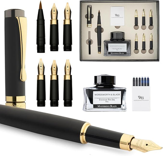 Wordsworth & Black Calligraphy Pen Gift Set, Includes Ink Bottle, 6 Ink Cartridges, Ink Refill Converter, 6 Replacement Nibs, Luxury Bamboo, Journaling, Smooth Writing Pens [Black Wood]