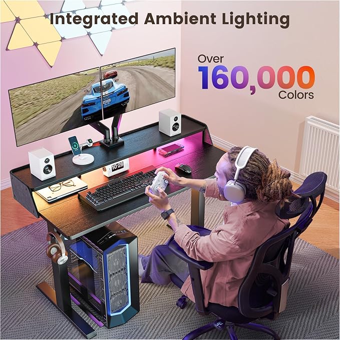ErGear Standing Desk with LED Strip, 48″ x24″ Electric Height Adjustable RGB Gaming Desk with Shelf, Sit Stand Desk with Dual Cable Holes, C-Clamp Mount Compatible, 4 Preset Heights, Black