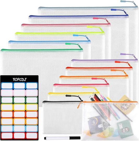 YOPCDJ 12 Mesh Zipper Pouch Bags - 12 Color, 8 Size Classroom Must-Have Storage Solution for School, Board Games, and Office Supplies