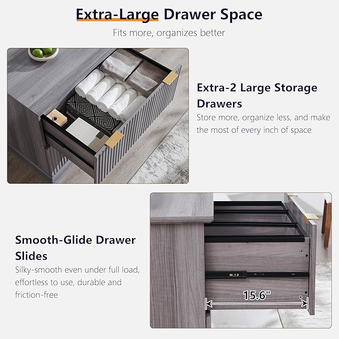 JXQTLINGMU 2 Drawer File Cabinet with Charging Station, 30" Fluted Lateral File Cabinet w/Files Hanging Rod for Letter/Legal/A4, Large Tabletop for Printer, Office Wood Printer Cabinets, Grey