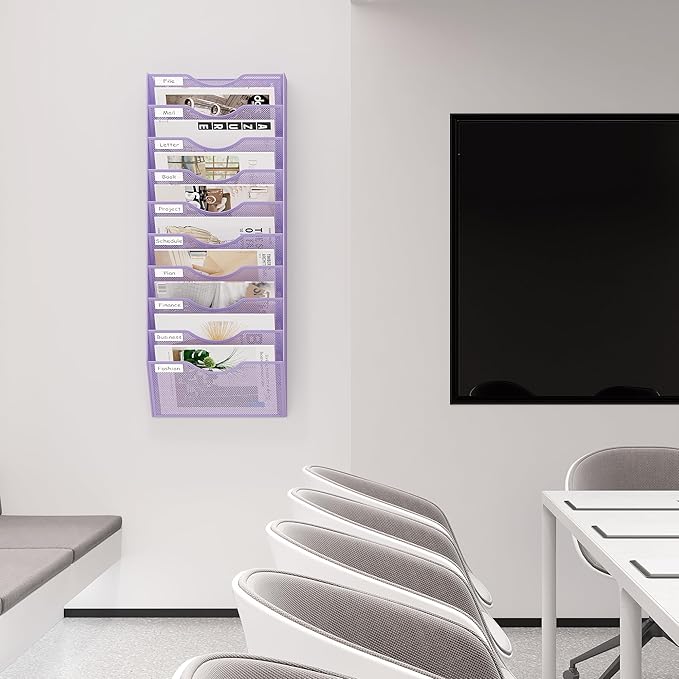 EasyPAG 10 Pocket Mesh Wall File Organizer, Hanging Paper Folder Holder with Classify Label, Vertical Wall Mount Mail Organizer for Office Home Classroom, Purple