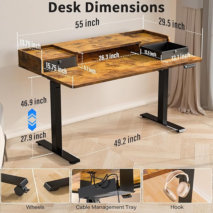 Kingant 55 x 30 Inch Electric Standing Desk with Dual Drawers, Adjustable Height Computer Desk for Home Office, Large Workstation Sit Stand Up Desk with Built-in Storage Shelf, Rustic Brown