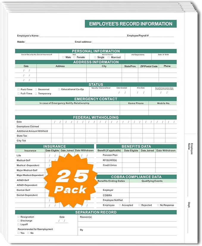 Employee File Folders with Internal Pocket, High Capacity HR Folders for Personnel Records, Durable HR Filing System for Office Organization, 25-Pack (Green)