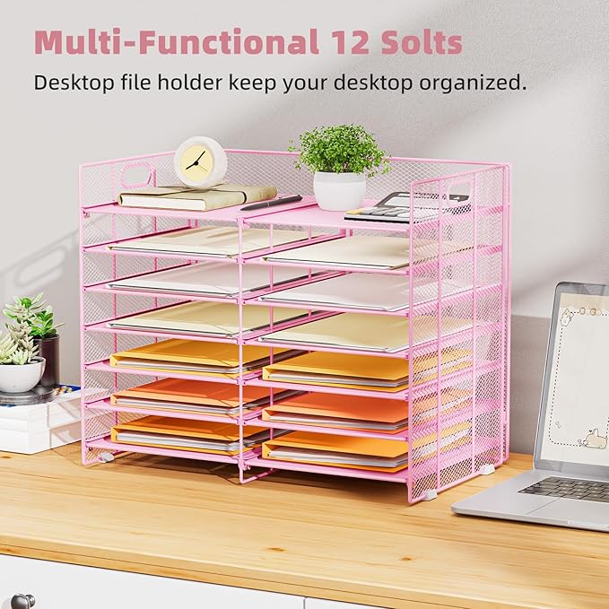 Marbrasse Desktop Literature Organizer, 12 Compartments Mesh Paper Organizer Desk Organizers, Adjustable File Sorter Mail Center Paper Storage Cabinet Classroom Mailbox for Office Home School, Pink