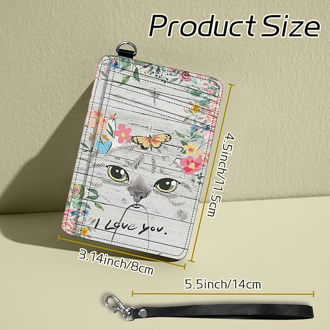 BWEGRHE Small Travel Wallets, Cat Flowers Slim Minimalist Front Pocket Wallet with Wristlet, RFID Blocking PU Leather Credit Card Holder with ID Window Change Purse for Men Women