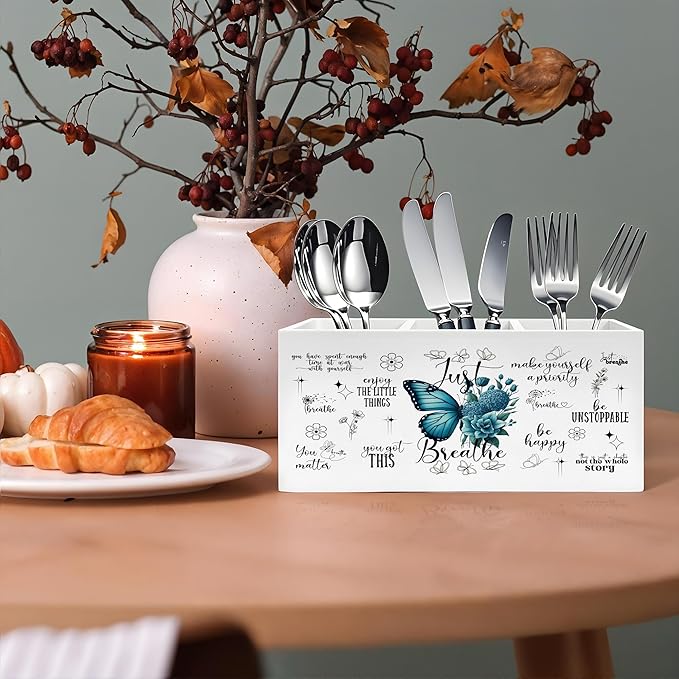 Exqcom Just Breathe Inspirational Pen Pencil Holder, Therapy Office Decor, Teal Butterfly Flower Mental Health Pencil Pen Holder Organizer for Home Counseling Office Desk Accessories