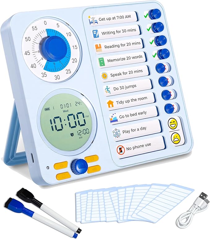 3-in-1 Visual Timer Task Timer with Chore Chart Board, ADHD Tool for Kids Adults Visual Schedule for Kids with Autism, Daily Checklist for Home, School, Classroom, Desk, Chore Chart