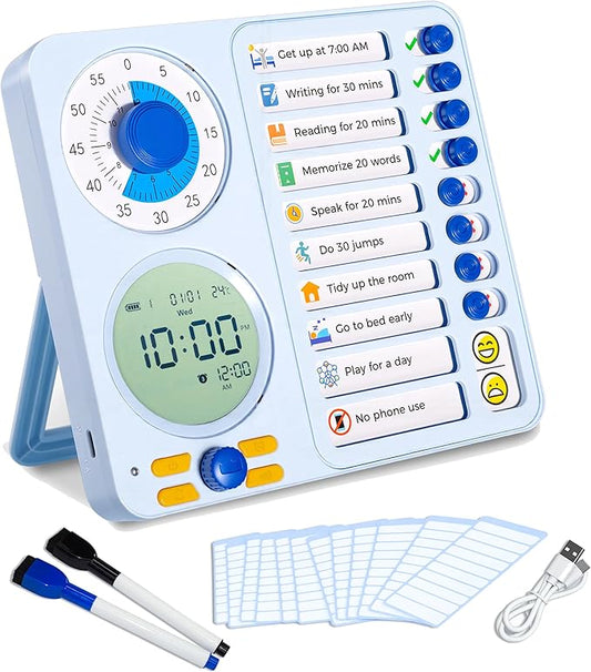 3-in-1 Visual Timer Task Timer with Chore Chart Board, ADHD Tool for Kids Adults Visual Schedule for Kids with Autism, Daily Checklist for Home, School, Classroom, Desk, Chore Chart