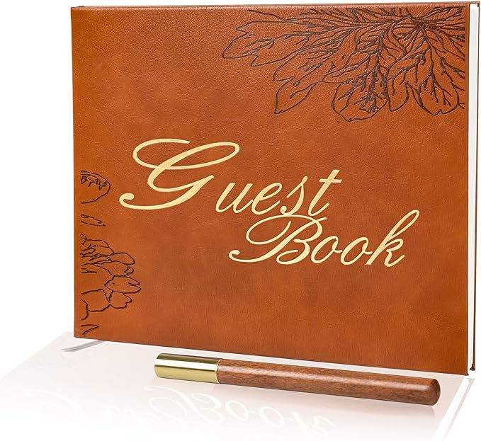 Leather Wedding Guest Book,Visitor Log Guest Book for Vacation Home,Wedding Reception,Funeral,Party,Memorial Service,10.3x8'' Embossed Open House Guest Sign in Book with Wood Grain Pen for Guests