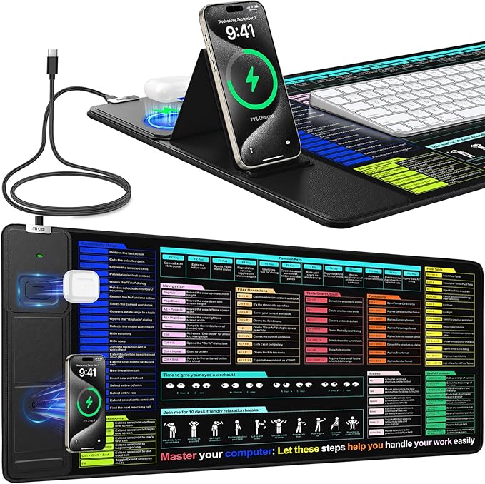Mouse Pad for Excel/Word/PowerPoint/Windows Shortcut Keys, Desk Pad with Wireless Charger Phone Stand, XXL Large Excel Cheat Sheet Mousepad | PC Office Spreadsheet Desk Mat | Non-Slip Stitched Edge