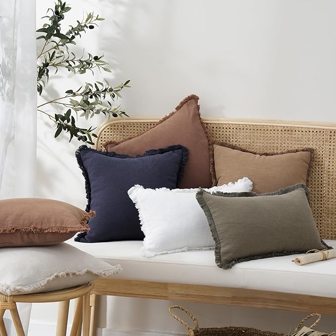 Foindtower Set of 2 Decorative Linen Fringe Throw Pillow Covers Cozy Boho Farmhouse Cushion Cover with Tassels Soft Accent Pillowcase for Couch Sofa Bed Living Room Home Decor, 22×22 Inch, Rust