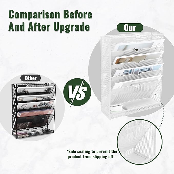 EASEPRES 6 Tier Mesh Hanging Wall File Organizer, Desk Vertical Mail Paper Document Folder Holder Rack with Bottom Tray and Nametag Label for Office Home School, White