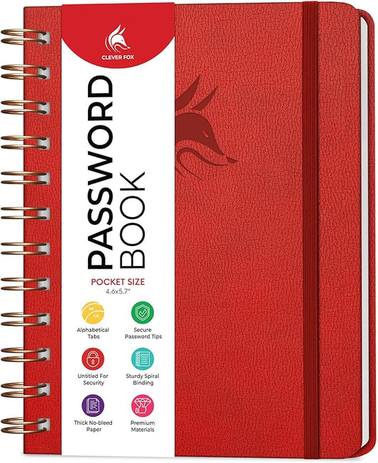 Clever Fox Password Book Spiral – Mini Internet Address & Password Organizer with Laminated Alphabetical Tabs – Small Password Keeper Journal – Hardcover, Pocket Size, 4.7x5.7” (Red)