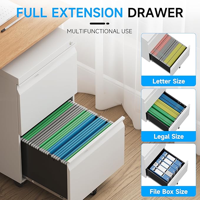Bestoo 2-Drawer Mobile File Cabinet with Lock, Metal Filing Cabinet on Wheels for Home Office Under Desk, Fits File Folders, Letter/Legal/F4/A4 Size, Assembly Required (White)