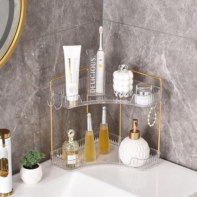 Trdongxu 2-Tier Corner Bathroom Organizer Countertop with Hooks, Bathroom Sink Corner Vanity Storage for Makeup, Skincare and Perfume (White Gold)