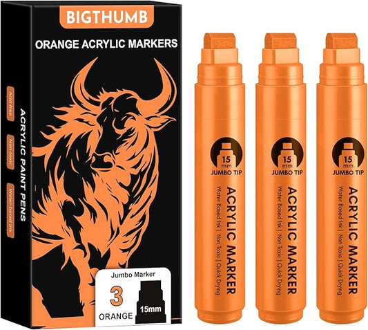 BIGTHUMB 3 Pcs Orange Jumbo Permanent Markers: 15mm Wide Tip Thick Acrylic Paint Pen Large Calligraphy Marker for Rock Painting, Poster, Sign, Canvas, Glass, Wood, Ceramic