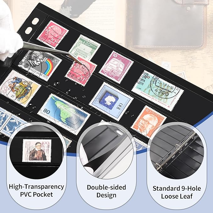 5 Sheets 10 Pages Postage Stamp Album Pages, 8 Pockets 7.7x 1.18in Stamp Collection Inserts, 9 Hole Standard Stamp Collecting Album Sleeves for Stamp Collection Binder IS010810