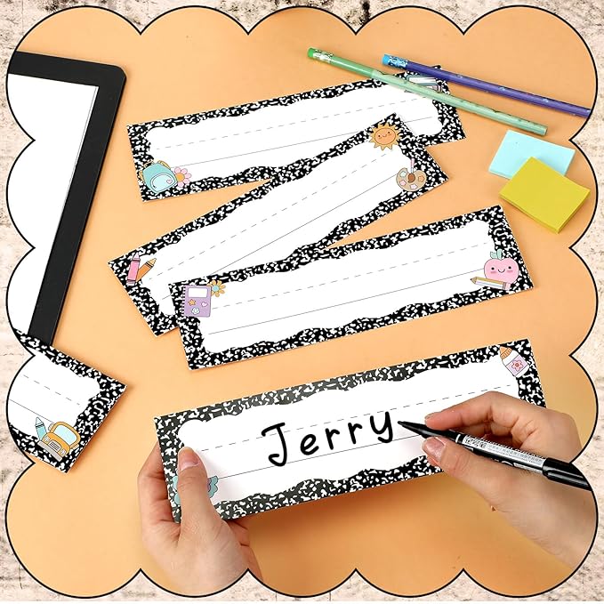 AmazingSpark 72 Pcs Composition Notebook School Name Tags for Classroom Desks in 6 Styles Composition Classroom Decor 9 x 3 Inches Desk Nameplates for Student Name Tag Labels Kindergarten Preschool
