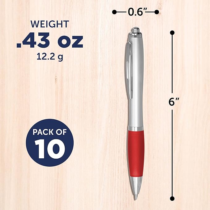 DISCOUNT PROMOS Ballpoint Pens With Rubber Grip, 10 pack, Black Ink Writing Pens in Bulk, Red