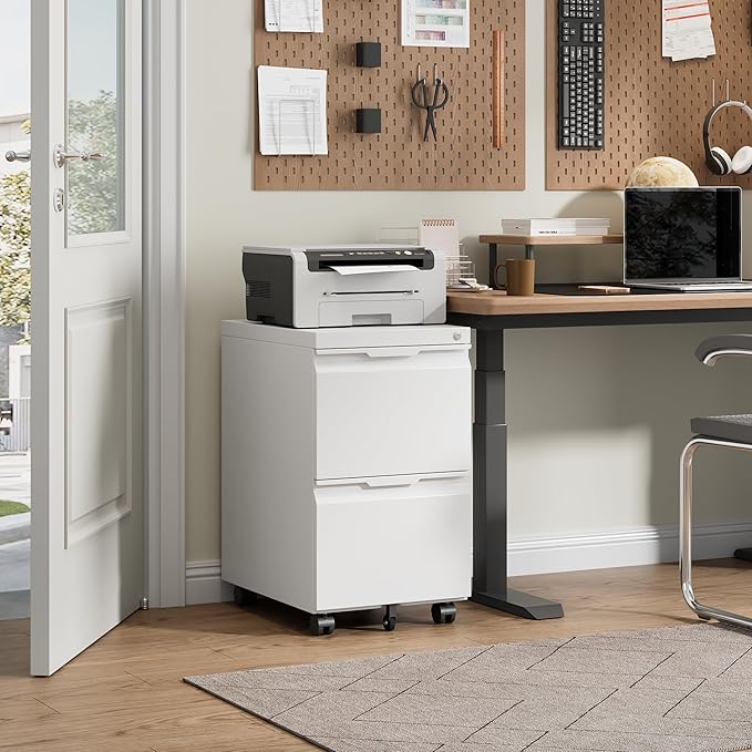 Bestoo 2-Drawer Mobile File Cabinet with Lock, Metal Filing Cabinet on Wheels for Home Office Under Desk, Fits File Folders, Letter/Legal/F4/A4 Size, Assembly Required (White)