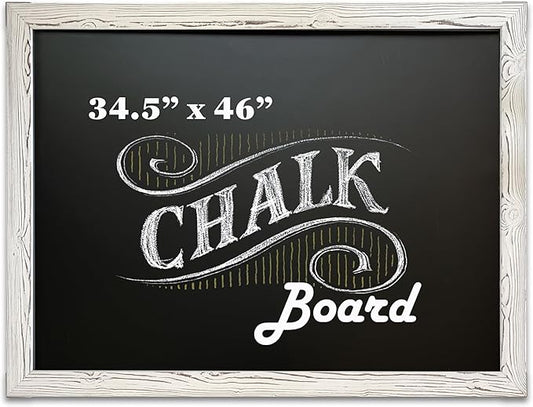 Loddie Doddie Magnetic Chalkboard - 46 x 34.5 in, White Rustic Frame, Wall Mount - Erasable Chalk Board Surface & Message Center - Chalkboard Signs & Magnet Board