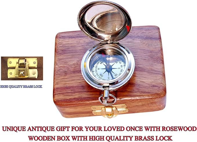Bazross Brass Nautical Compass with Wooden Case - Antique Brass & Copper Sun Clock for Camping, Hiking, Touring - Engraved Gift for Him - Nautical Clock - Compass Gift
