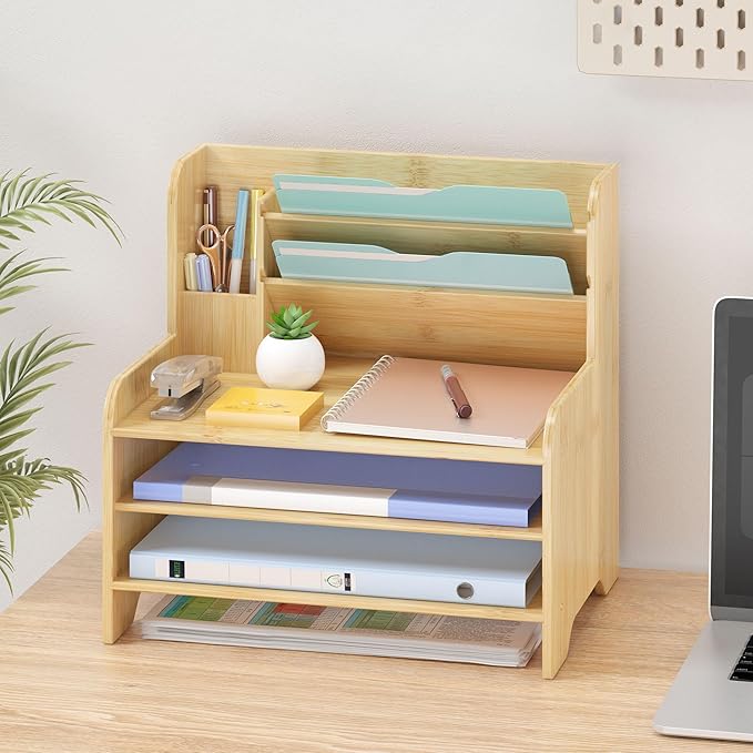 Wisuce Essentials Bamboo Desk Organizer Mail Holder Countertop Letter Tray File Organizer for Desk Letter Sorter Paper File Storage for School Home Office Supplies