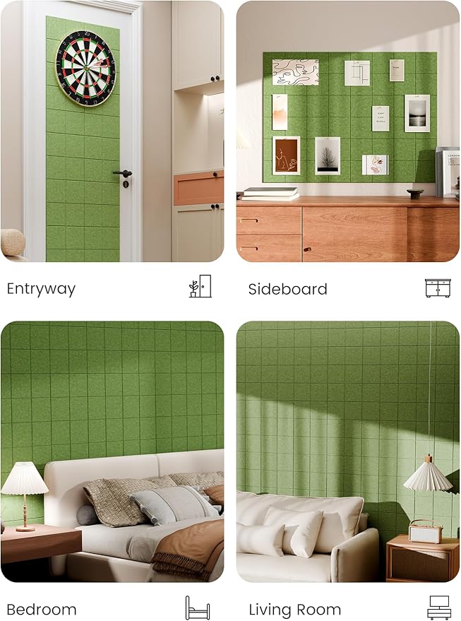 Bumusty Large Cork Board Alternative-47 x35 Felt Bulletin Board Tiles, with 30 Pushpins, 70 Adhesive Tabs, 12-Pack Slat Wall Paneling, Cork Boards for Office Push Pin Board Felt Board-Kelly Green