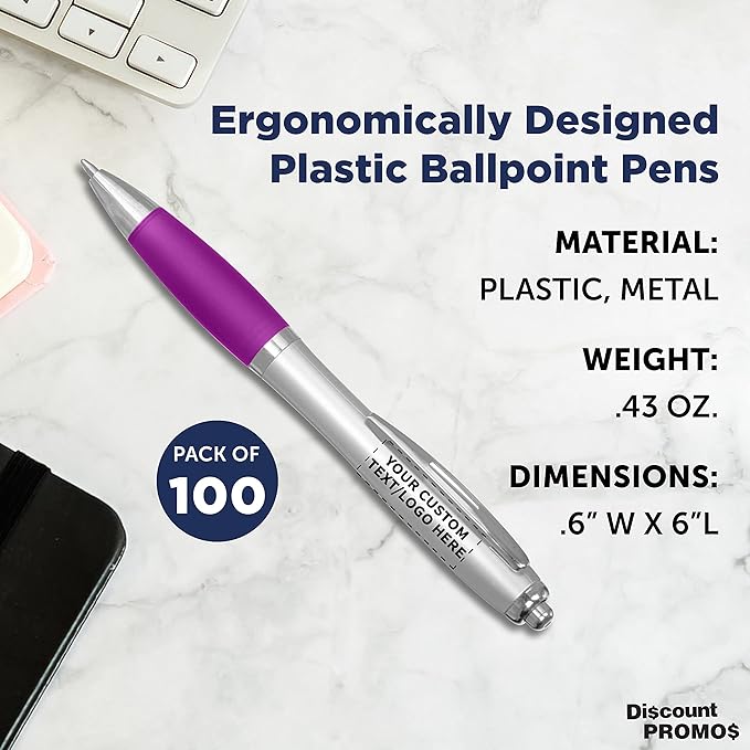 DISCOUNT PROMOS Personalized Ballpoint Pens With Rubber Grip, 100 pack Customizable Ergonomic Click-to-Write Custom Writing Pens for School with Black Ink, Purple