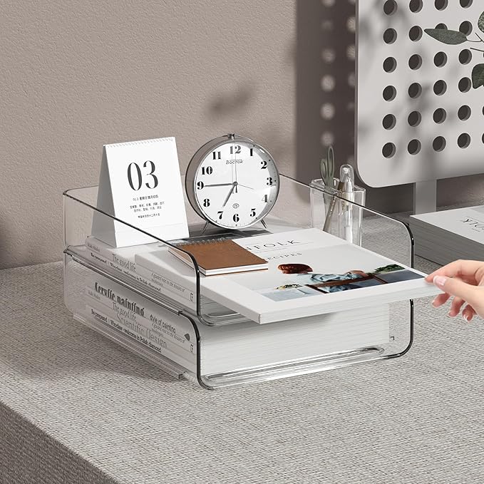 FANXIYQ 2-Tier Acrylic Paper Tray Organizer with Pen Holder | Clear Stackable Desk Organizer for Documents, Letters, A4 Paper | Modern Office/Classroom/Home Organization