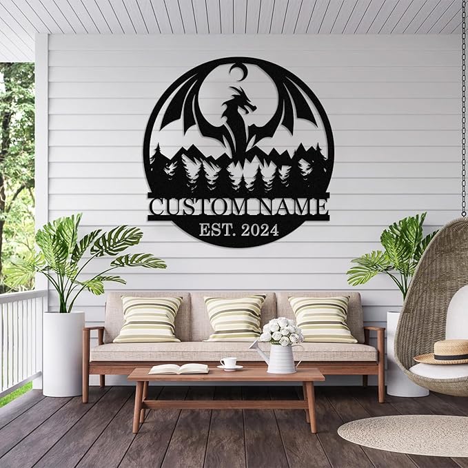 Dyoart Personalized Dragons Metal Signs - Custom Metal Dragon Wall Decor, Metal Name Sign, Black Western Dragons Metal Wall Art, Evil Dragons Signs Gift, Outdoor Metal Wall Art, Letter Wall Decor