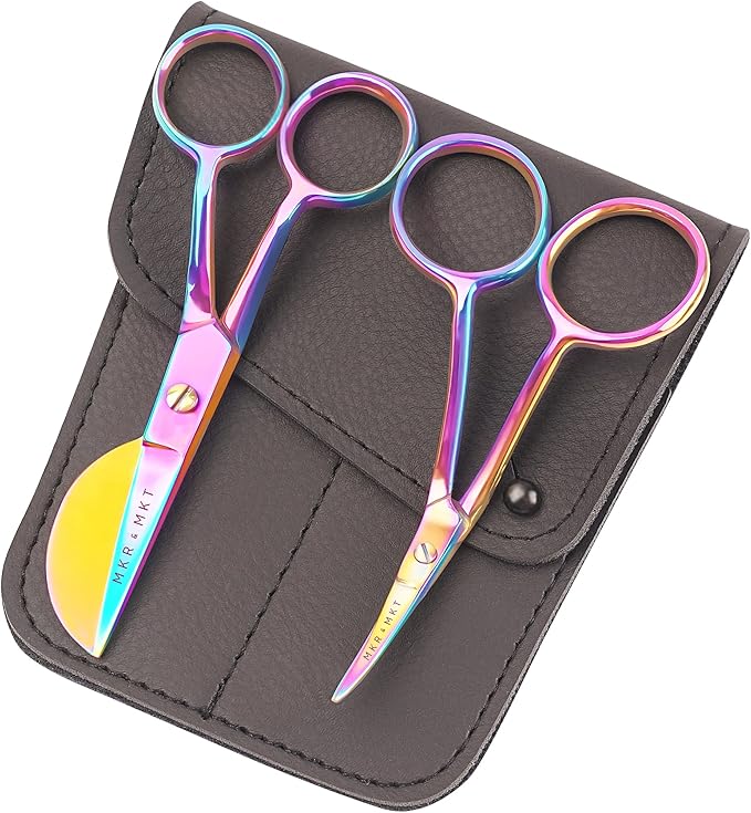 MAKER AND MARKET Small Embroidery 4.5 Inch Scissors Set of 2 Kit - Mini Double Bend Offset Duckbill and Double Bend Long Applique Needlepoint Blade with Pouch Sleeve (Rainbow)