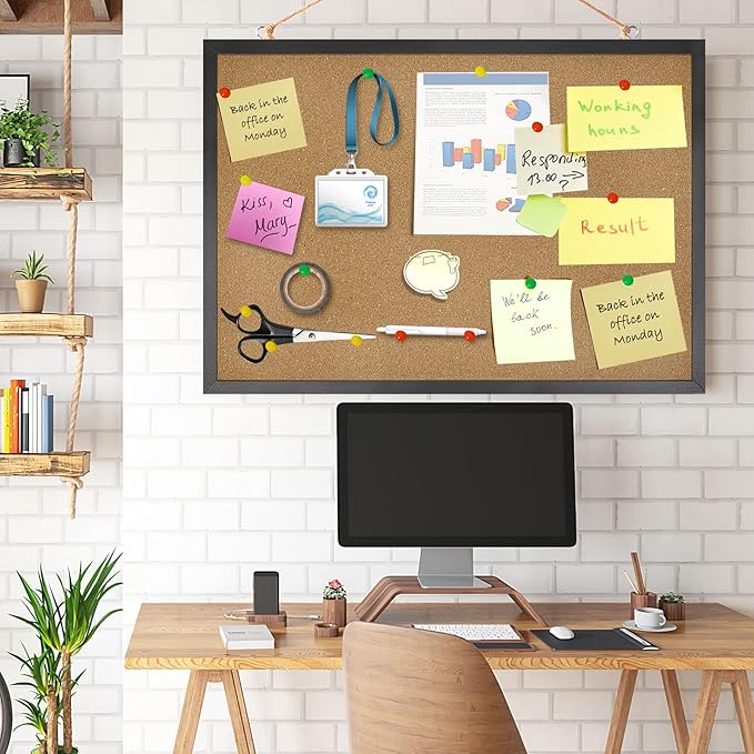 FEBSNOW Cork Board Bulletin Board 23 x 15.7Inches with Rectangle Black Frame Hanging Pin for Walls Office Message Board or Vision Board Decoration