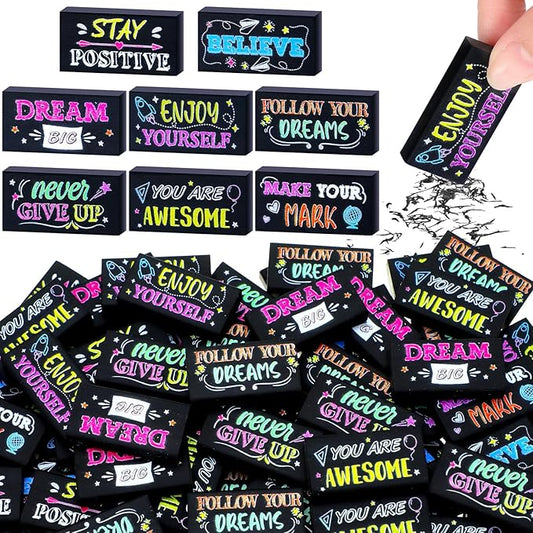 Dunzoom 100 Pcs Inspirational Pencil Erasers Bulk for Kids Fun Motivational Eraser School Supplies Back to School Office Supplies for Classroom Office Teacher Artists (Colorful Chalkboard)
