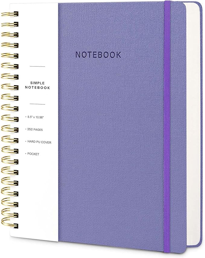 Oneirom Spiral Notebook - 8.5 x 10.98 Inch Large Hard Cover Notebook with Elastic Band & Pocket, 252 Pages, Lay Flat Wirebound Journal for Work, School, Planning & Note Taking Violet