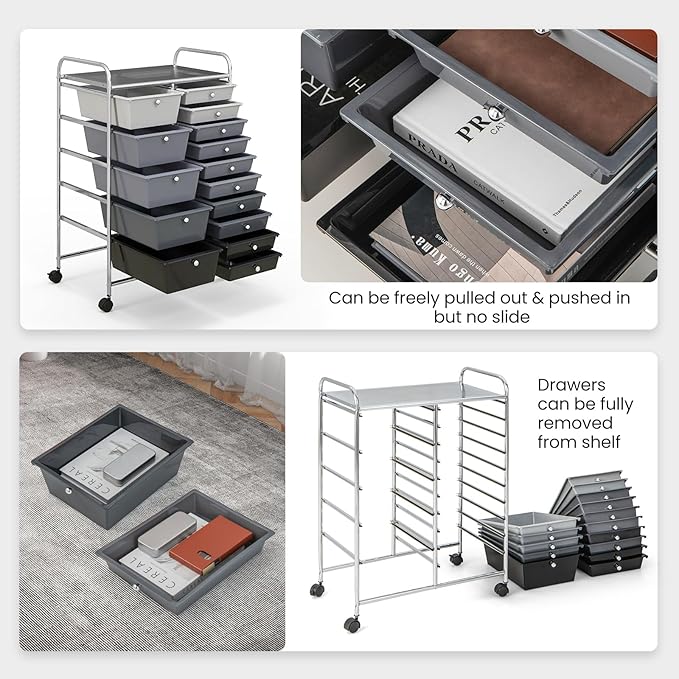 GLACER 15 Drawers Rolling Cart, Storage Cart with w/Removable Drawers & Steel Frame, Multipurpose Organizer Cart w/Sleek Handle, Utility Cart on Lockable Wheels for Home, School, Office (Grey)