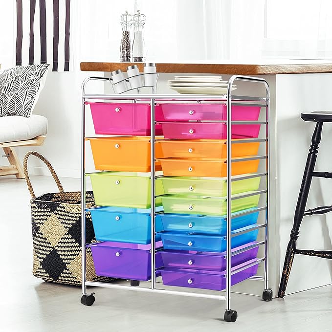 DORTALA 15-Drawer Rolling Storage Cart with Drawers, Rolling Utility Cart w/Removable Drawers & Universal Wheels, Tools Scrapbook Paper Organizer for School, Office, Home, Classroom (Rainbow)