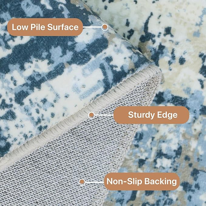 GENIMO Washable Area Rugs for Living Room, 9x12 Modern Non Slip Rugs, Low Pile Lightweight Soft Print Rug for Bedroom, Dining Room, Home Office, Washed Slate Blue