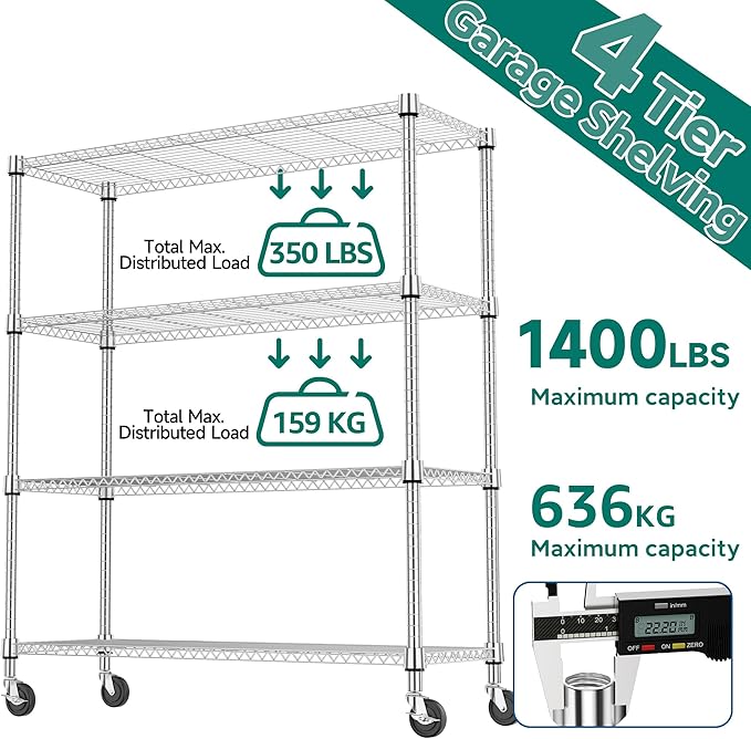 M MZG 4 Tiers Shelf 1400 lbs Steel Storage Shelving Utility Shelving Unit Steel Organizer Wire Rack for Home,Kitchen,Office,Garage Chrome 17.7" D x 47.2" W x 62.6" H