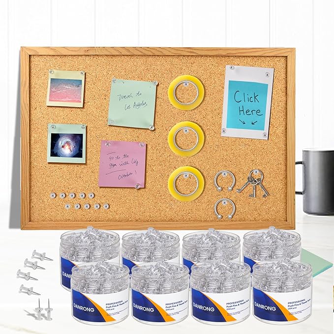 DANRONG 1600 PCS Clear Push Pins, Standard Thumb Tacks for Bulletin Board, Steel Point and Clear Plastic Head, Pin Tacks for Wall Cork Board Maps Photos Calendar Hangings, Office School Supplies
