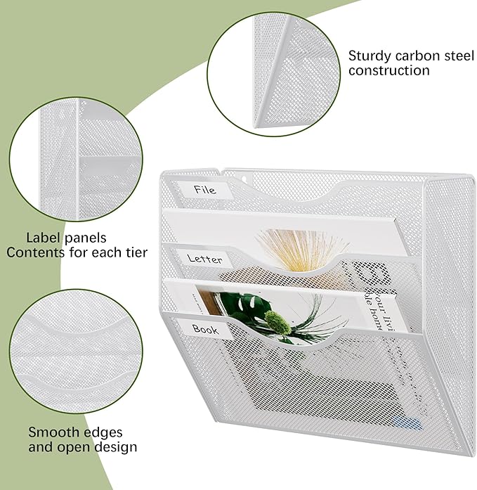 EasyPAG 3 Pocket Mesh Wall File Organizer, Hanging Paper Folder Holder with Classify Label, Vertical Wall Mount Mail Organizer for Office Home Classroom, White