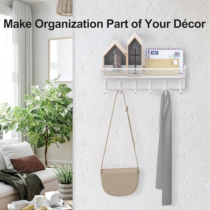 Lwenki Key Holder for Wall – Decorative Stainless Steel Key Hanger with 6 Hooks for Hats, Bags, Leashes – Mail Holder Key Rack with Mounting Hardware and Guide (9.65” x 2.8” x 2.2”) (White)