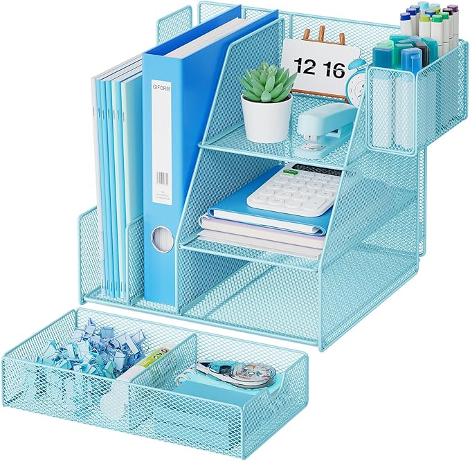 Marbrasse Desk Organizer and Accessories, 3-Tier File Organizer with Drawer and Pen Holder, Small Desktop Organizer and Storage for Workspace Office Supplies Blue