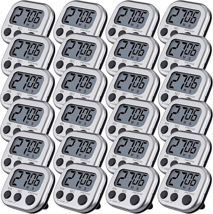 Leumoi 24 Pcs Digital Kitchen Timers Magnetic Back Timers Bulk Large Screen Loud Alarm On/Off Switch Minute Second Count up Countdown Memory Setting for Cooking Classroom Exercise (Sliver and Black)