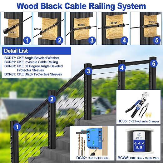 CKE 100 Pack T316 Stainless Steel Black Protector Sleeves for 1/8" 5/32" or 3/16" Cable Deck Stair Railing Kit System, Black Cable Railing Protective Sleeves for Wood Posts, DIY Balustrade, CR01-3/16