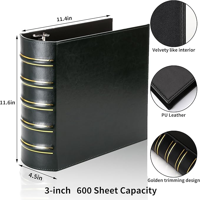 LETVPVOW Vintage Hardback 3 Ring Binder 3 Inch, Professional Leather Binder 3 Ring, Three Ring Binders Fits 8.5 x 11, D Ring Binders for Photo Album, Home, School and Office Supplies- Dark Green