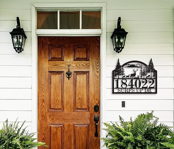 Custom Modern Address Signs for Houses, Personalized House Numbers for Outside, Large Metal Number Plaque with Deer Forest Design,Address Numbers for House